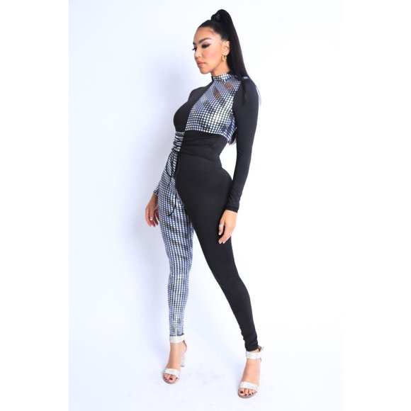 Women's Mosaic Colorblock Tie Detailed Jumpsuit Party Club Lounge Jumpsuit - Picture 13 of 13